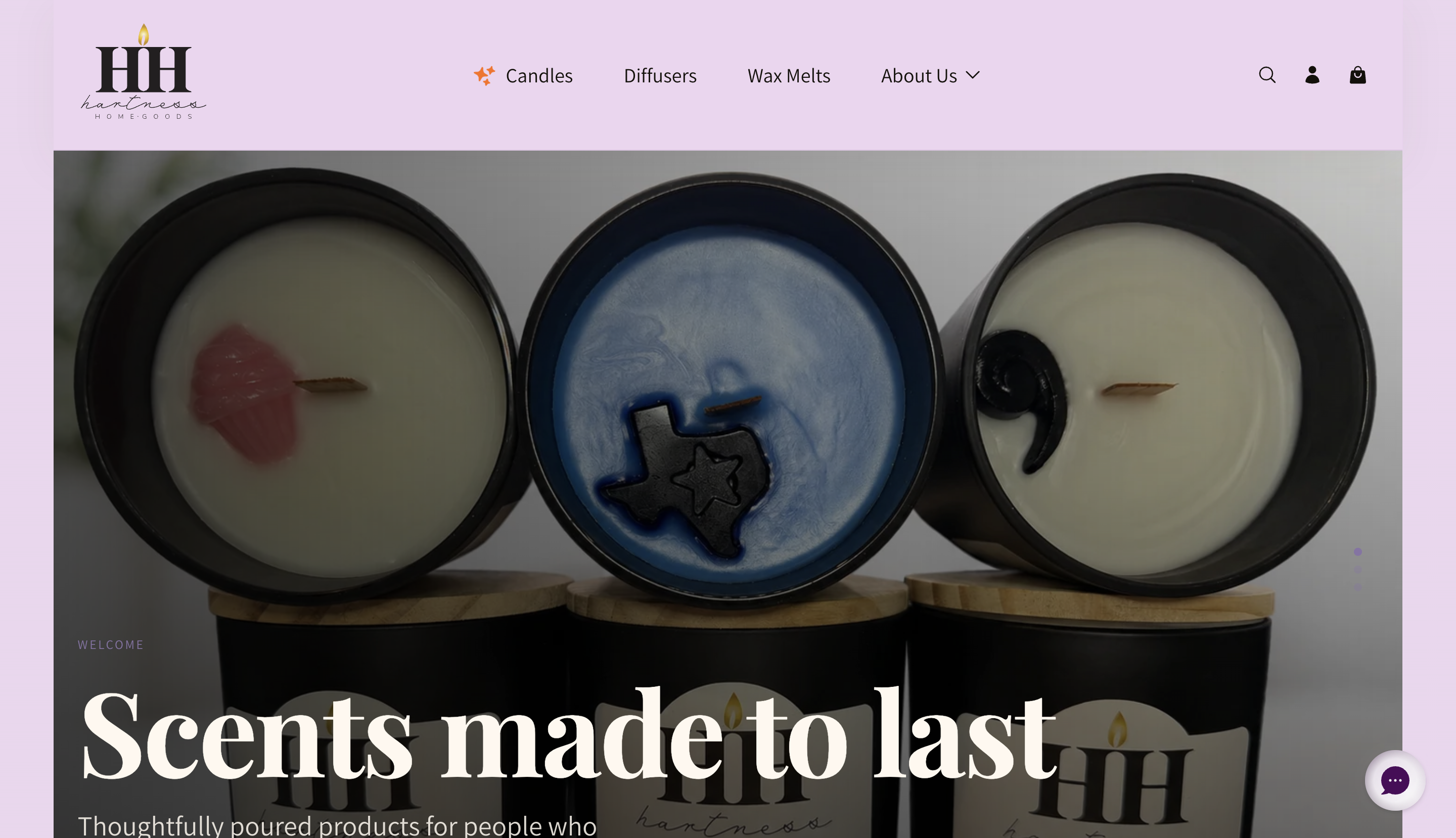Hartness Home-Goods Shopify homepage hero with the headline Scents made to last over three hand-poured candles
