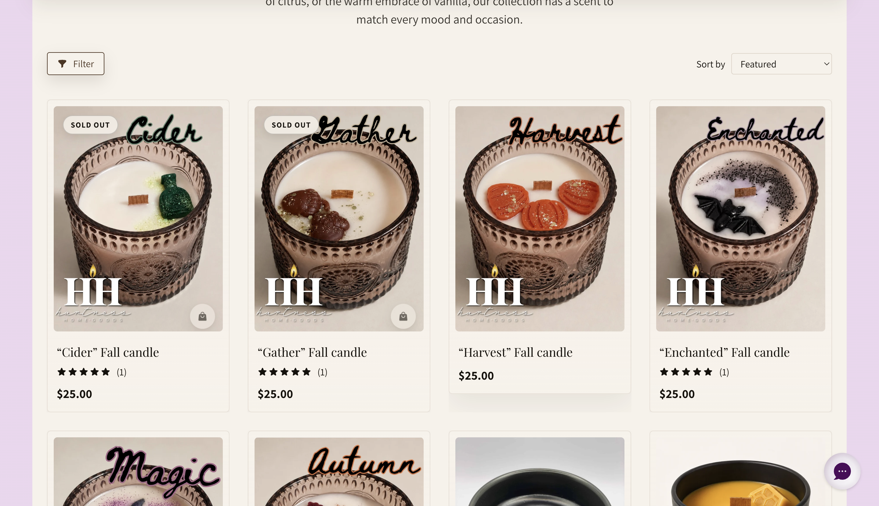 Hartness Home-Goods Shopify collection page showing Fall candles with filter, sort, ratings and Sold Out badges