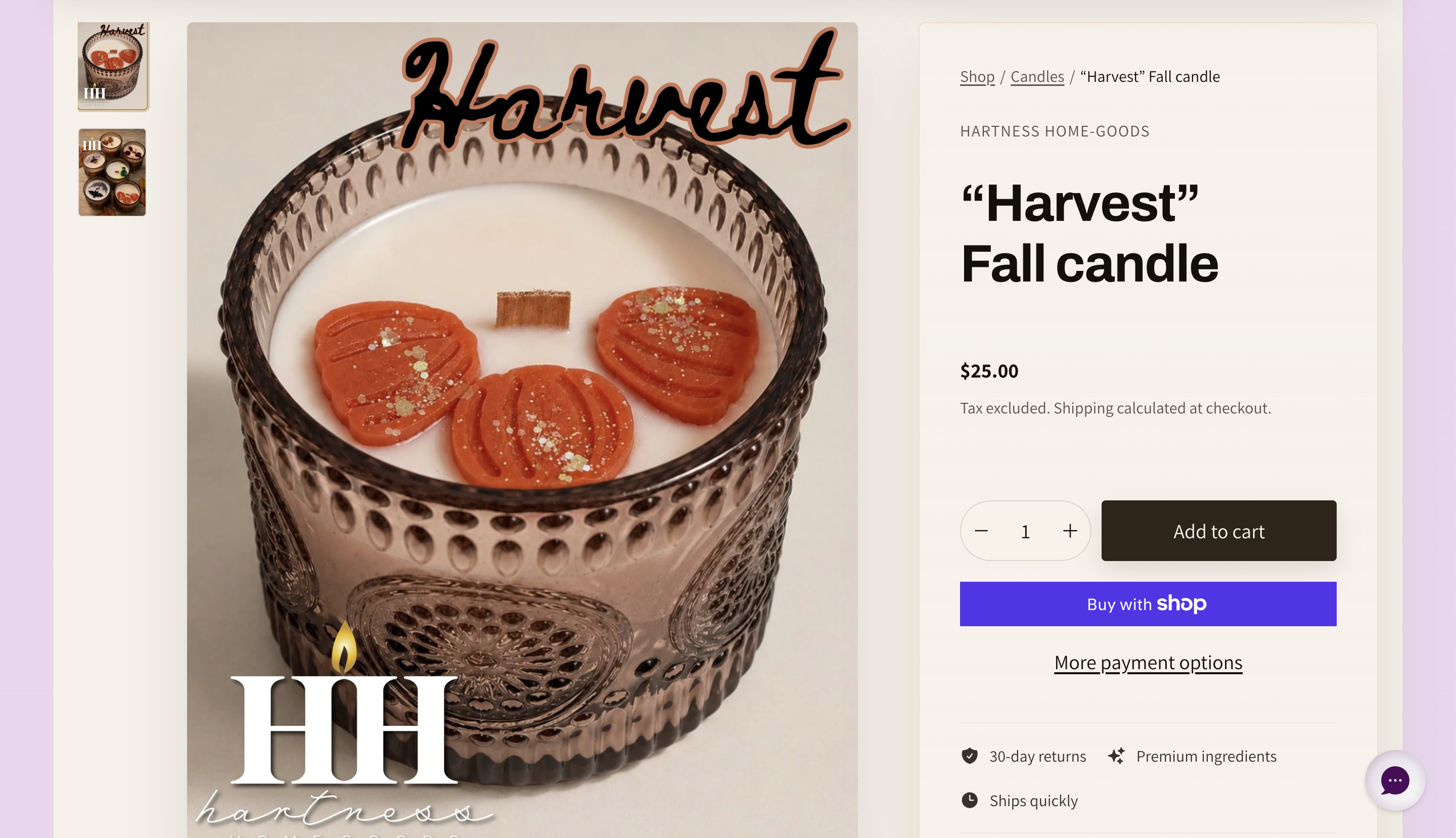 Hartness Home-Goods Shopify product page for the Harvest Fall candle with Add to cart and Buy with Shop Pay