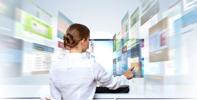 Business woman working with virtual digital screens