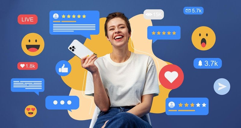 Young pretty woman using mobile phone for checking social media on blue background